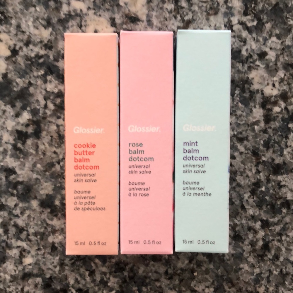 Glossier Balm Dotcom…mint, rose and cookie butter. Never used